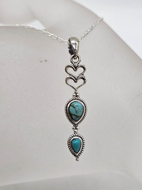 Sterling Silver Turquoise Ornate Elongated Heart Drop Pendant on Silver Chain