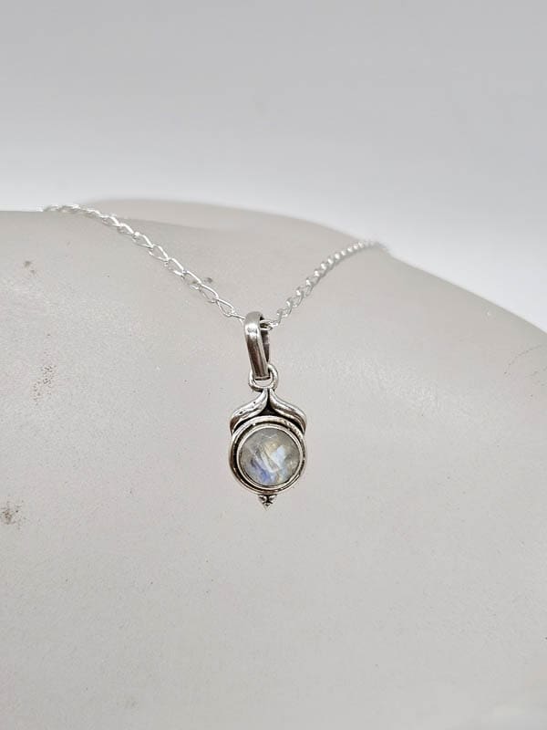 Sterling Silver Moonstone Dainty Round Pendant on Silver Chain