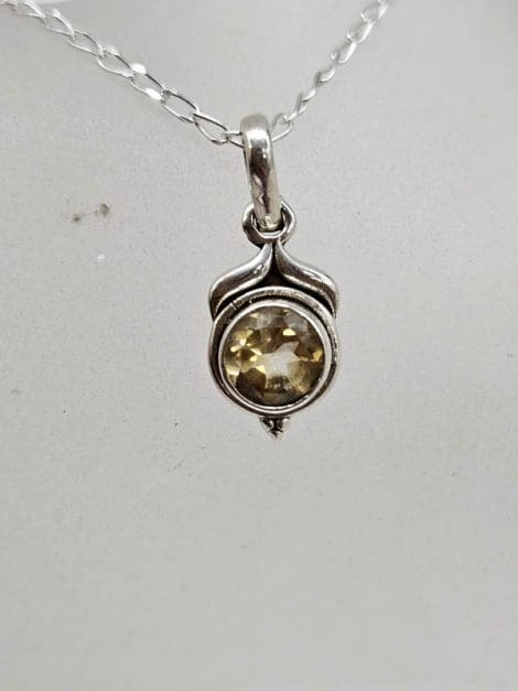 Sterling Silver Citrine Dainty Round Pendant on Silver Chain