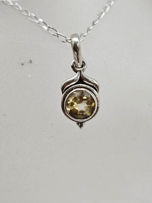 Sterling Silver Citrine Dainty Round Pendant on Silver Chain