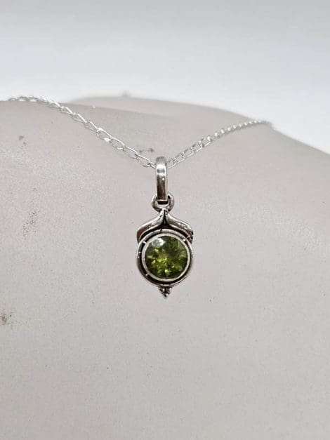 Sterling Silver Peridot Dainty Round Pendant on Silver Chain