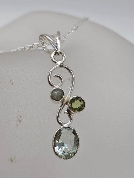 Sterling Silver Green Amethyst / Prasiolite and Peridot Oval and Round on Curved Twist Pendant on Silver Chain