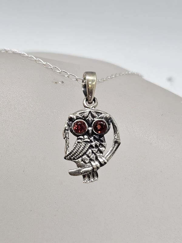 Sterling Silver Garnet Eyed Owl on Branch Pendant on Silver Chain