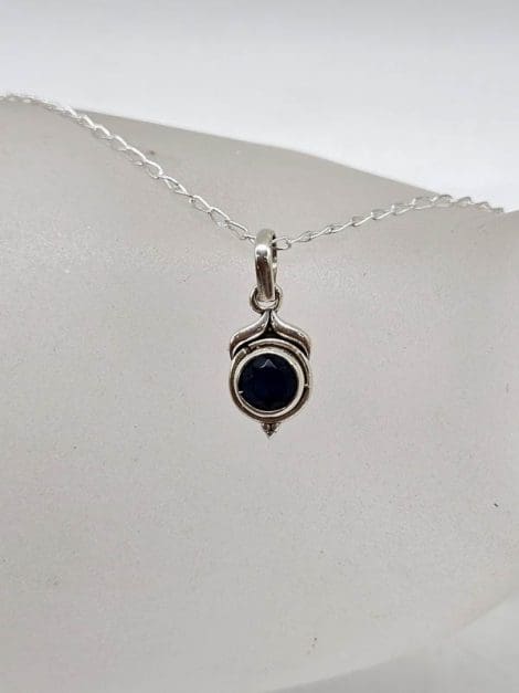 Sterling Silver Onyx Dainty Round Pendant on Silver Chain