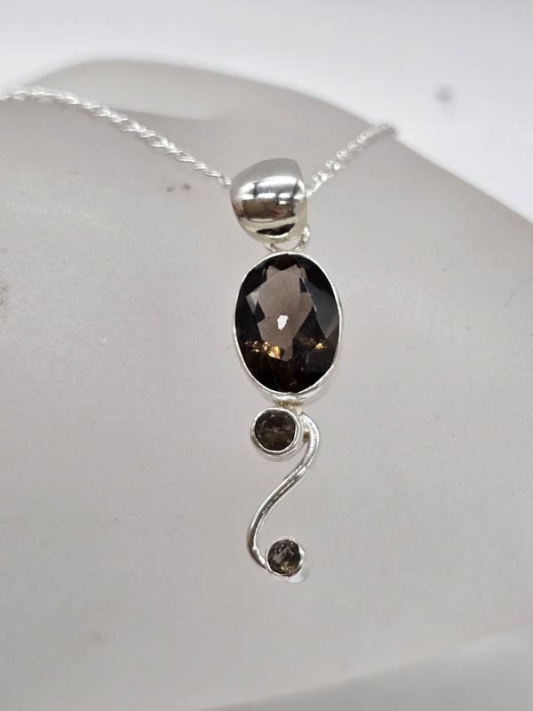 Sterling Silver Smokey Quartz Oval and Round on Curved Twist Pendant on Silver Chain