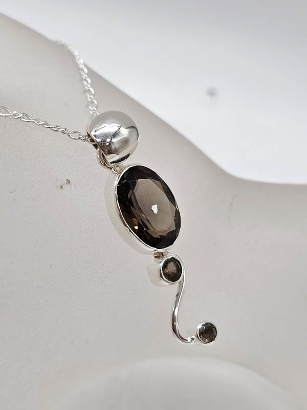 Sterling Silver Smokey Quartz Oval and Round on Curved Twist Pendant on Silver Chain