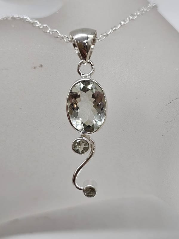 Sterling Silver Green Amethyst / Prasiolite Oval and Round on Curved Twist Pendant on Silver Chain