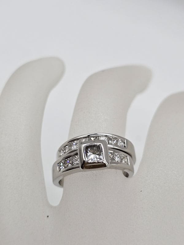 18ct White Gold Diamond Princess Cut Channel Set Square Engagement Ring and Wedding Ring Set