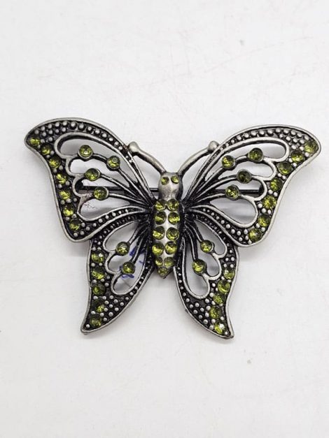 Plated Butterfly Large Green Filigree Brooch - Vintage Costume Jewellery