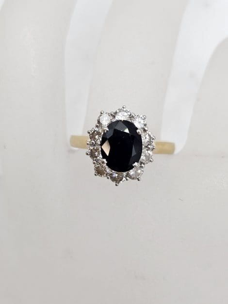 18ct Yellow Gold Natural Sapphire Large Oval Surrounded by Diamond Cluster Ring - Engagement Ring, Dress Ring