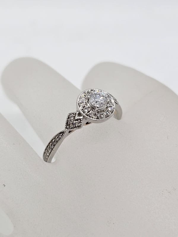 18ct White Gold & Rose Gold Diamond Round Halo Setting with Pink Sapphire on Side Cluster Engagement Ring / Dress Ring 18ct White Gold & Rose Gold Diamond Round Halo Setting with Pink Sapphire on Side Cluster Engagement Ring / Dress Ring