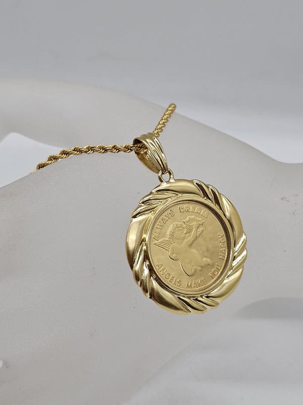 Pure Gold Coin in 14ct Gold Setting - Smile Your Angel is With You / Always Dream Angels Make You Happy - Round Pendant on Gold Chain Pure Gold Coin in 14ct Gold Setting - Smile Your Angel is With You / Always Dream Angels Make You Happy - Round Pendant on Gold Chain