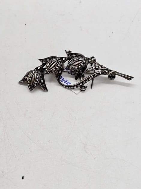 Sterling Silver Marcasite Three Tulips Flowers Brooch - Vintage / Antique