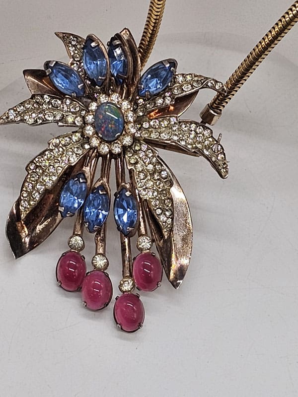 Sterling Silver Donald Simpson Pink, Blue and Rhinestone Necklace / Brooch - Antique / Vintage