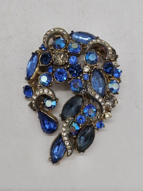 Plated Sphinx Large Spectacular Blue Curved Rhinestone Cluster Brooch - Vintage Costume Jewellery