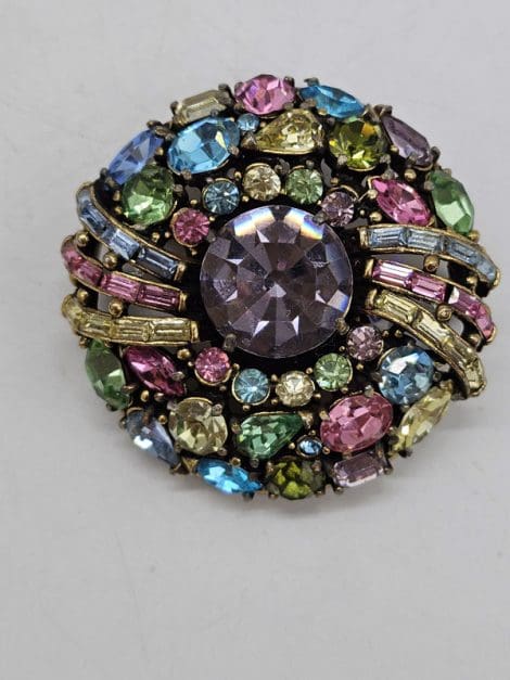 Plated Very Large Spectacular Multi-Coloured Round Cluster Brooch - Vintage Costume Jewellery
