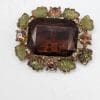 Plated Aurora Very Large Brown with Green Leaves Rectangular Cluster Brooch - Vintage Costume Jewellery