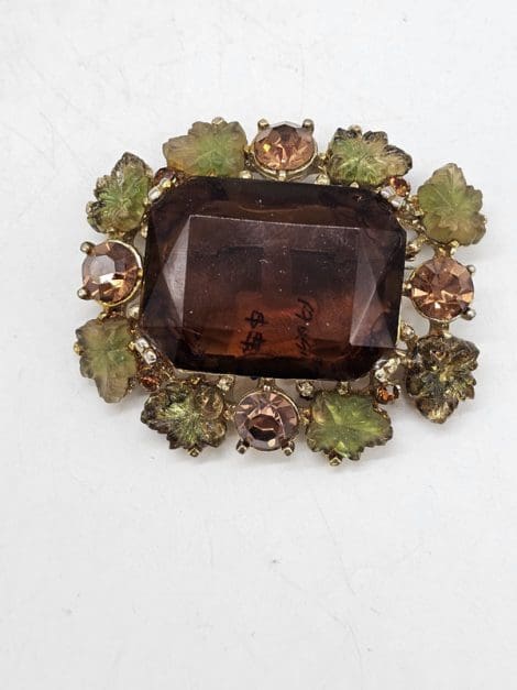 Plated Aurora Very Large Brown with Green Leaves Rectangular Cluster Brooch - Vintage Costume Jewellery