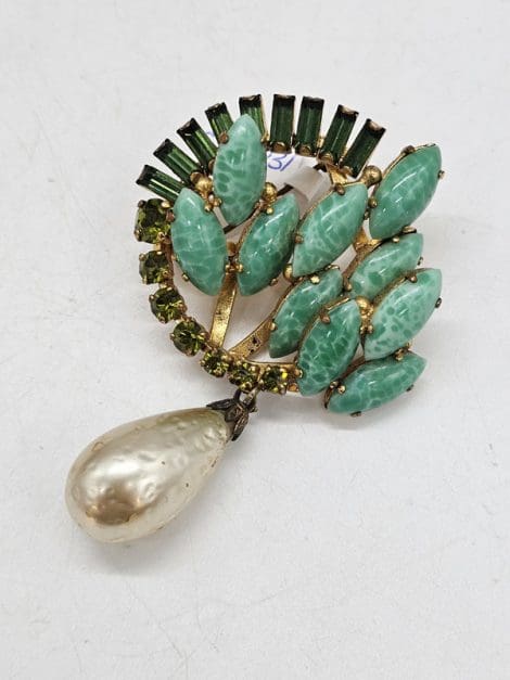 Plated Rhinestone Green Swirl with Faux Pearl Drop Brooch - Vintage Costume Jewellery