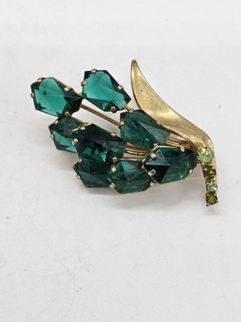Plated Rhinestone Green Leaves Brooch - Vintage Costume Jewellery