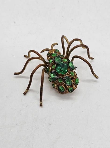 Plated Green Stones Large Spider Brooch - Vintage Costume Jewellery