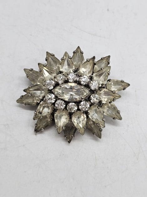 Plated Rhinestone Large Oval Celestial Cluster Brooch - Vintage Costume Jewellery