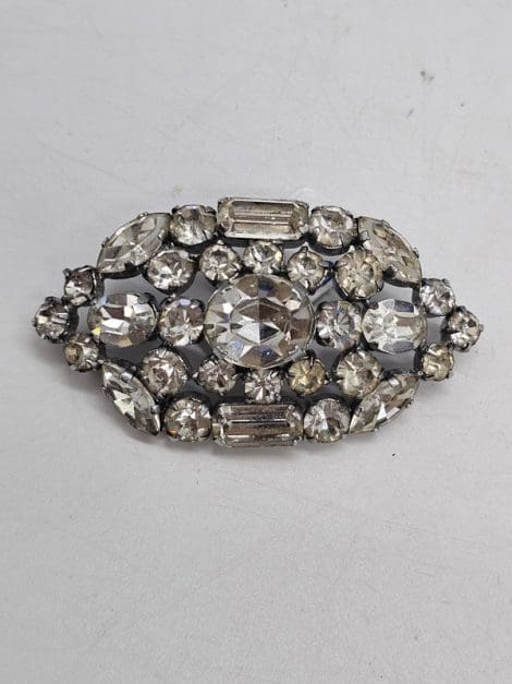 Plated Rhinestone Wide and Elongated Cluster Brooch - Vintage Costume Jewellery