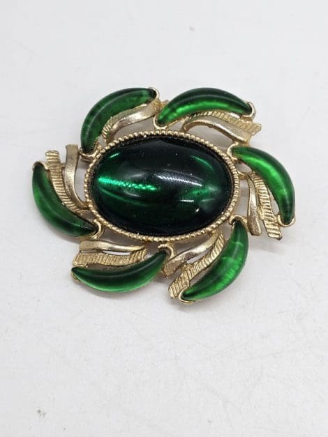 Plated Green Stones Large Oval Swirl Brooch - Vintage Costume Jewellery