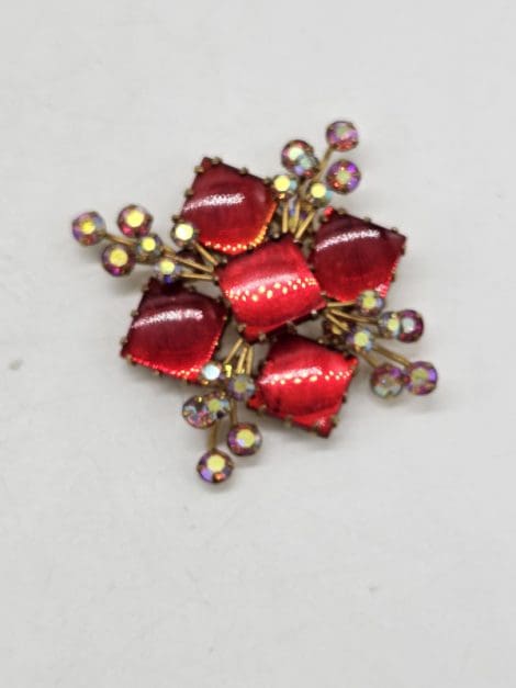 Plated Rhinestone Red and Aurora Borealis Square Spray Brooch - Vintage Costume Jewellery
