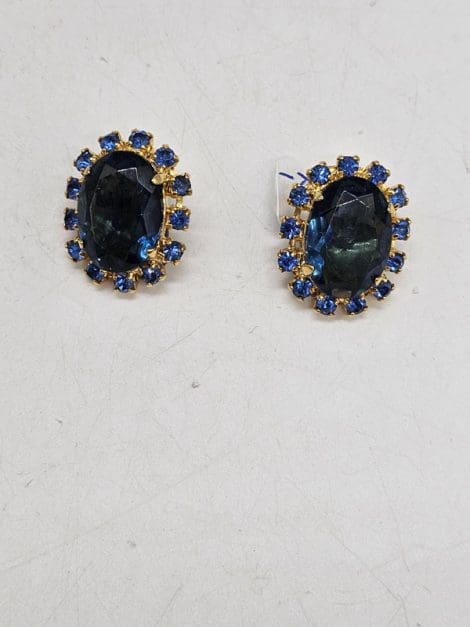 Plated Oval Blue Clip-On Earrings - Vintage Costume Jewellery