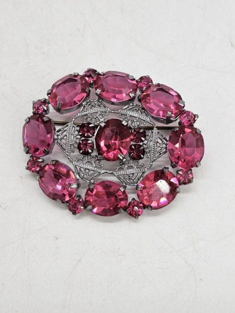 Plated Pink Oval Cluster Brooch - Vintage Costume Jewellery
