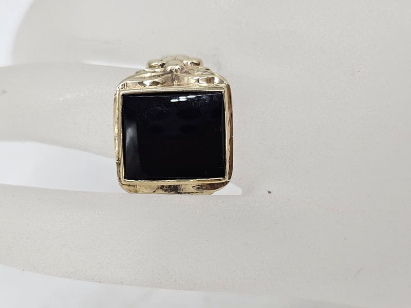 9ct Yellow Gold Onyx Large Ornate Design Rectangular Ring - Gents Ring / Ladies Ring - Signet Ring
