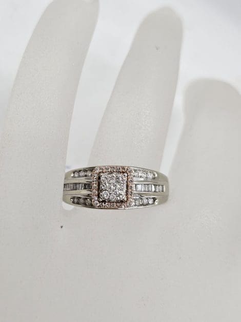 18ct White Gold with Rose Gold Diamond Square Claw Set Cluster atop Channel Set Band Ring - Engagement Ring / Dress Ring