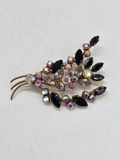 Gay Charm Plated Black and Pink Rhinestone Floral Spray Brooch - Vintage Costume Jewellery