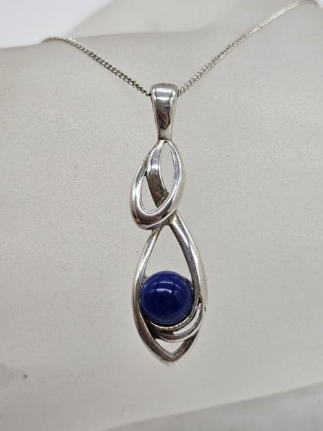 Sterling Silver Lapis Lazuli Elongated Twist Pendant on Silver Chain - Vintage