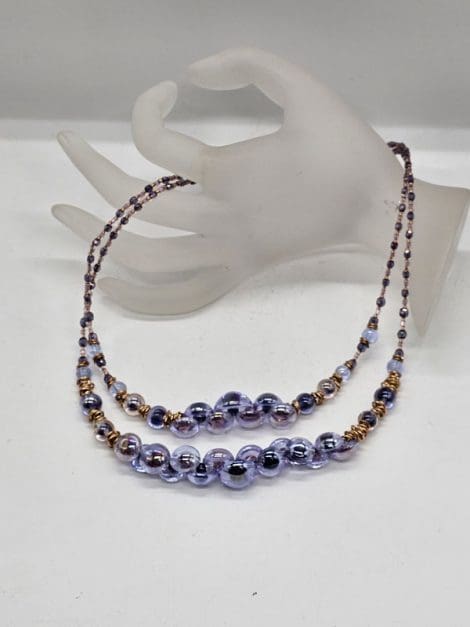 Venetian Murano Glass Blue / Purple Round Disc Shape Bead Two Row Necklace