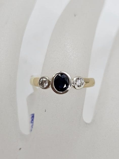 18ct Yellow Gold and White Gold Natural Sapphire with Diamond Solitaire Bezel Set Engagement Ring / Dress Ring