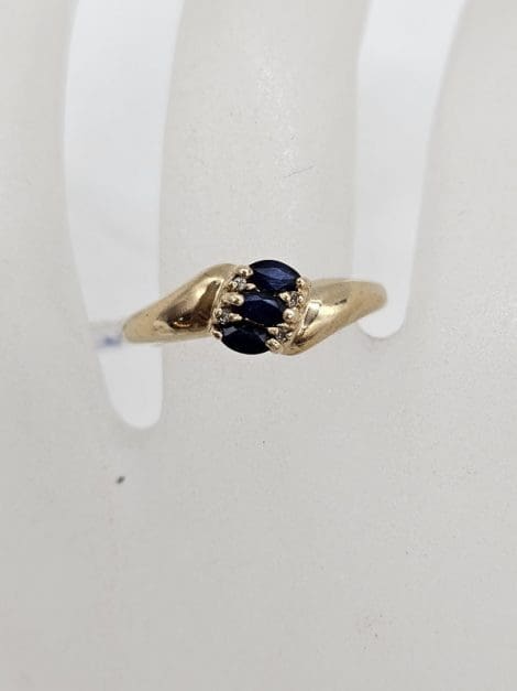 9ct Yellow Gold Marquis Sapphire and Diamond Ring - Vintage