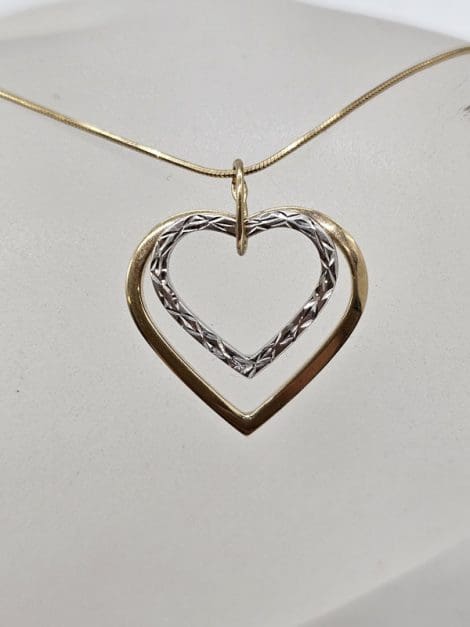 9ct Yellow Gold and White Gold Double Heart Pendant on Gold Chain