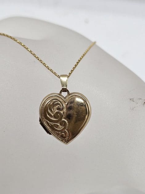 9ct Yellow Gold Ornate Design Heart Locket Pendant on 9ct Gold Chain