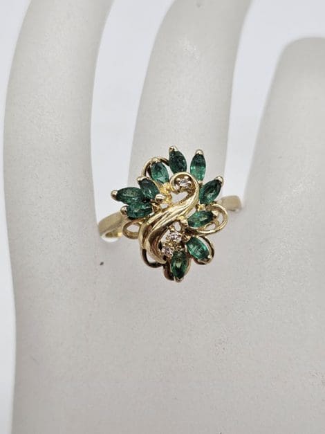 9ct Yellow Gold Natural Emerald and Diamond Large Swirl Shape Ring - Antique / Vintage