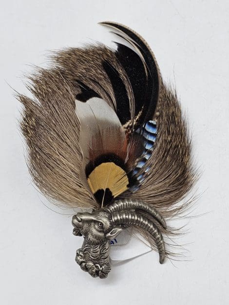 Plated Scottish Plume Feather Brooch with Ram Head - Vintage Costume Jewellery