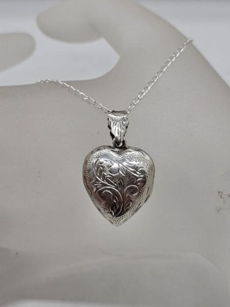 Sterling Silver Ornate Floral Pattern Heart Locket Pendant on Silver Chain
