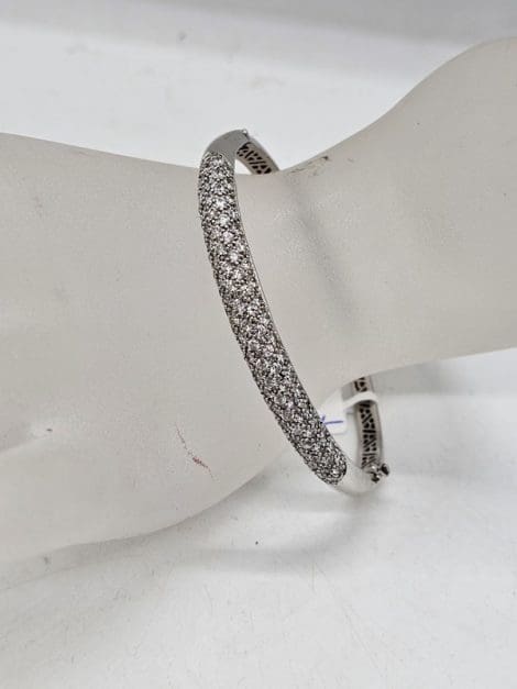 Sterling Silver Cubic Zirconia Hinged Bangle - Pave Set