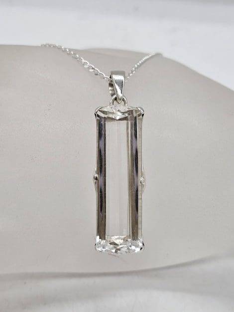 Sterling Silver Clear Crystal Quartz Rectangular Pendant on Silver Chain