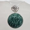Sterling Silver Round Green Ornate Flower Top Pendant on Silver Chain