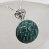 Sterling Silver Round Green Ornate Flower Top Pendant on Silver Chain