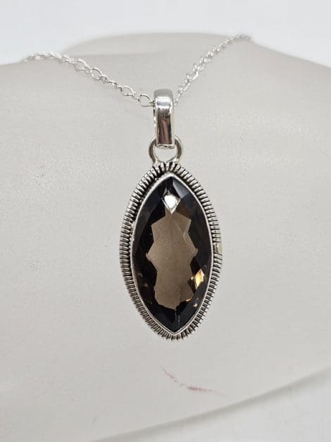 Sterling Silver Smokey Quartz Marquis Shape Pendant with Twist Rim on Silver Chain