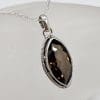 Sterling Silver Smokey Quartz Marquis Shape Pendant with Twist Rim on Silver Chain