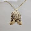 9ct Yellow Gold Deer Teeth / Grandel Ornate Acorn Leaf Design Pendant on Gold Chain - Antique / Vintage - Austrian